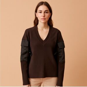 Parker Brown V-Neck Sweater with Satin Bow Sleeve Details Size Small